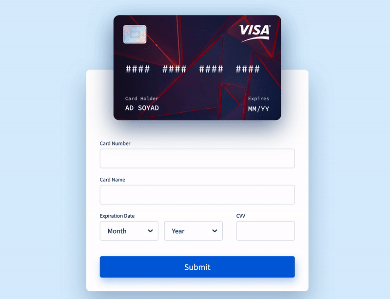 A fantastic credit card form with smooth and micro-interactions built with  reactjs