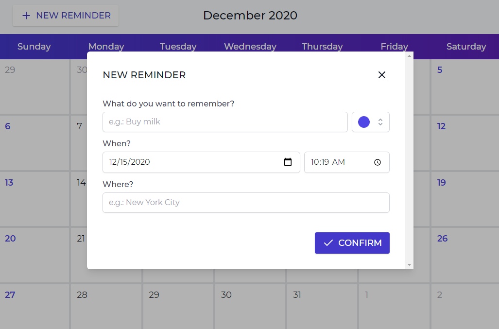 A simple calendar where you can add reminders for a specific date/time