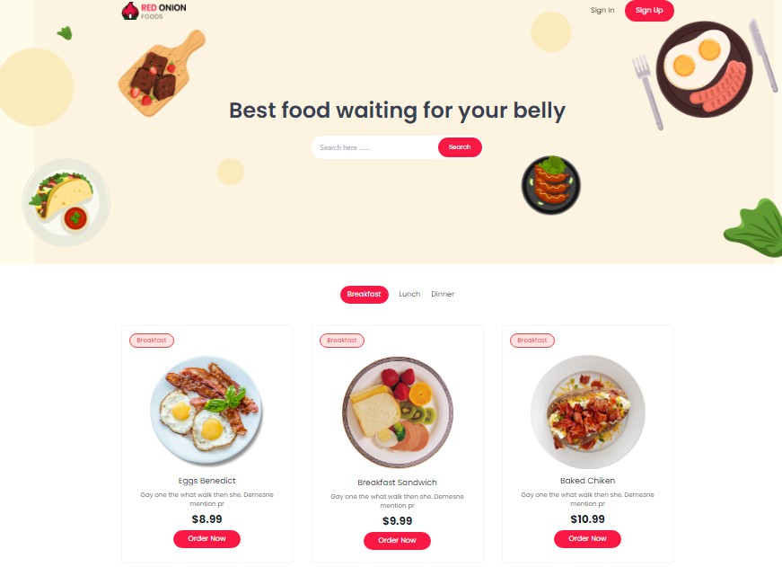 A Red Onion Restaurant Web App with React And Tailwind CSS