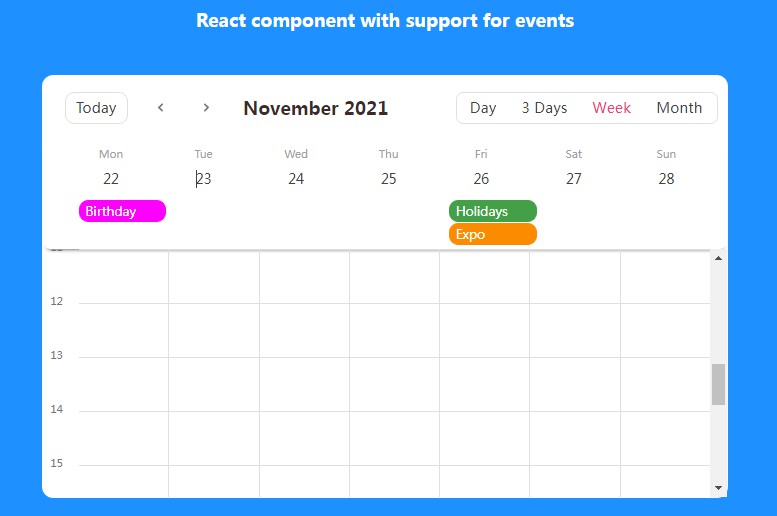 React calendar component with support for multiple views and events