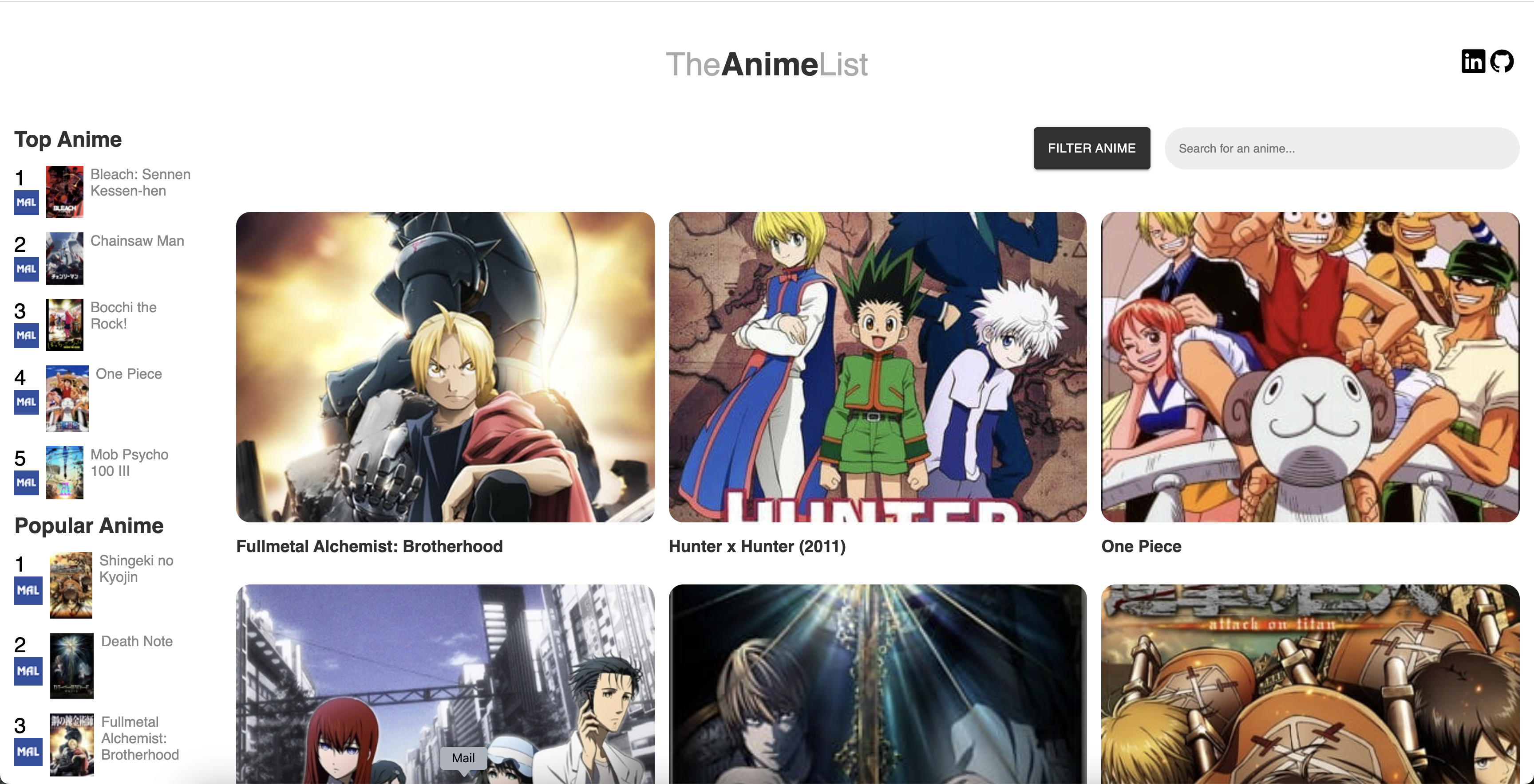 The Anime List Website using  and Jikan API