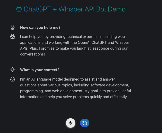 Demo NextJS app featuring the ChatGPT and Whisper APIs