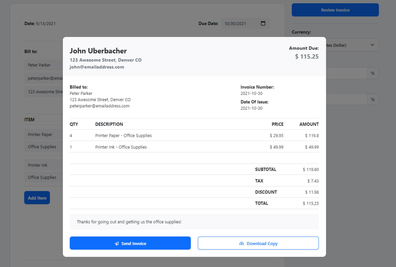 An Invoice Generator project built with React
