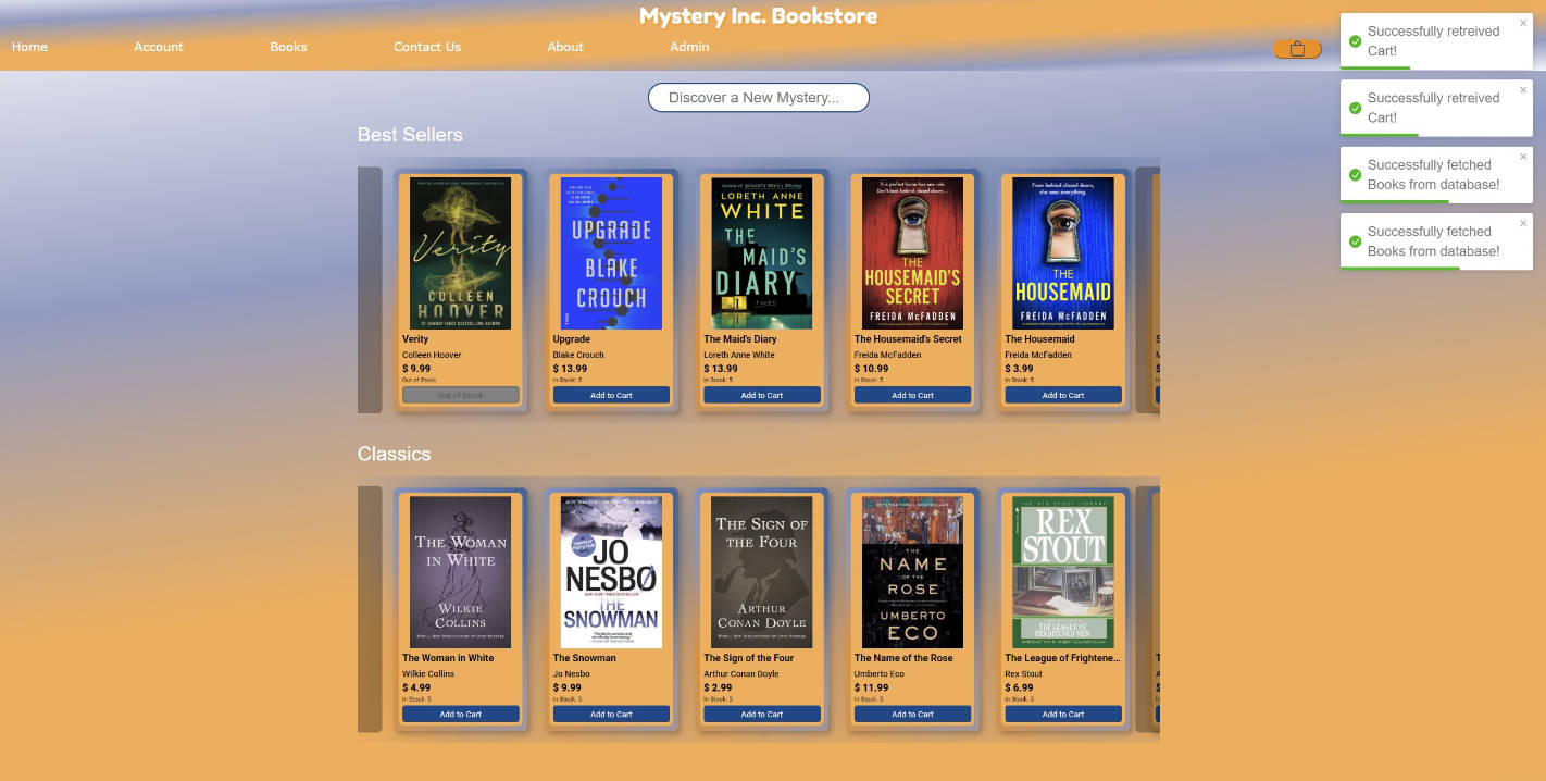 Full Stack online bookstore for purchasing mystery themed novels